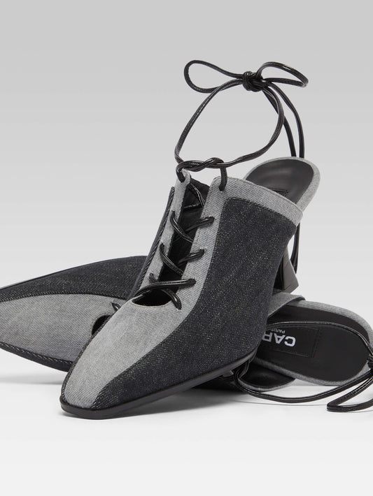 Corset - Grey bi-jean fabric lace-up heel mules - Image number 2