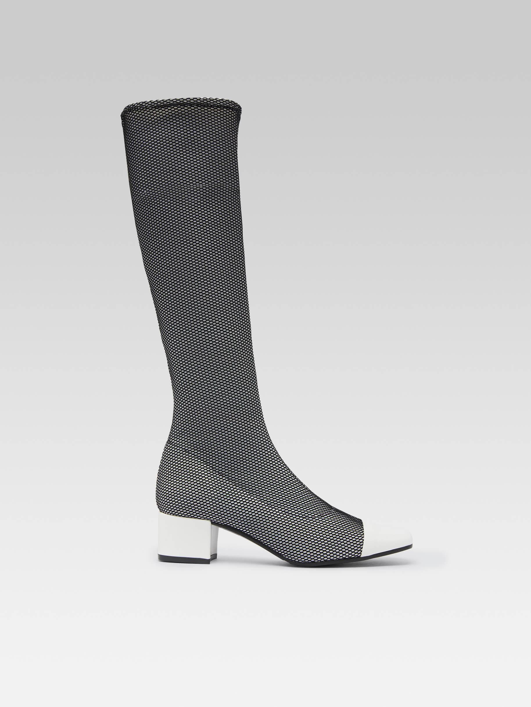 Malaga - Bottes tissu stretch optique noir et blanc et cuir verni blanc