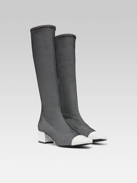 Malaga - Bottes tissu stretch optique noir et blanc et cuir verni blanc - Image numéro 3