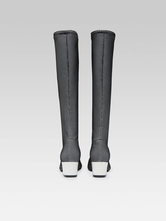Malaga - Bottes tissu stretch optique noir et blanc et cuir verni blanc - Image numéro 4
