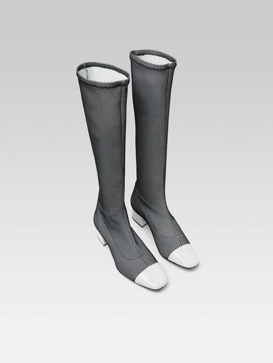 Malaga - Bottes tissu stretch optique noir et blanc et cuir verni blanc - Image numéro 2