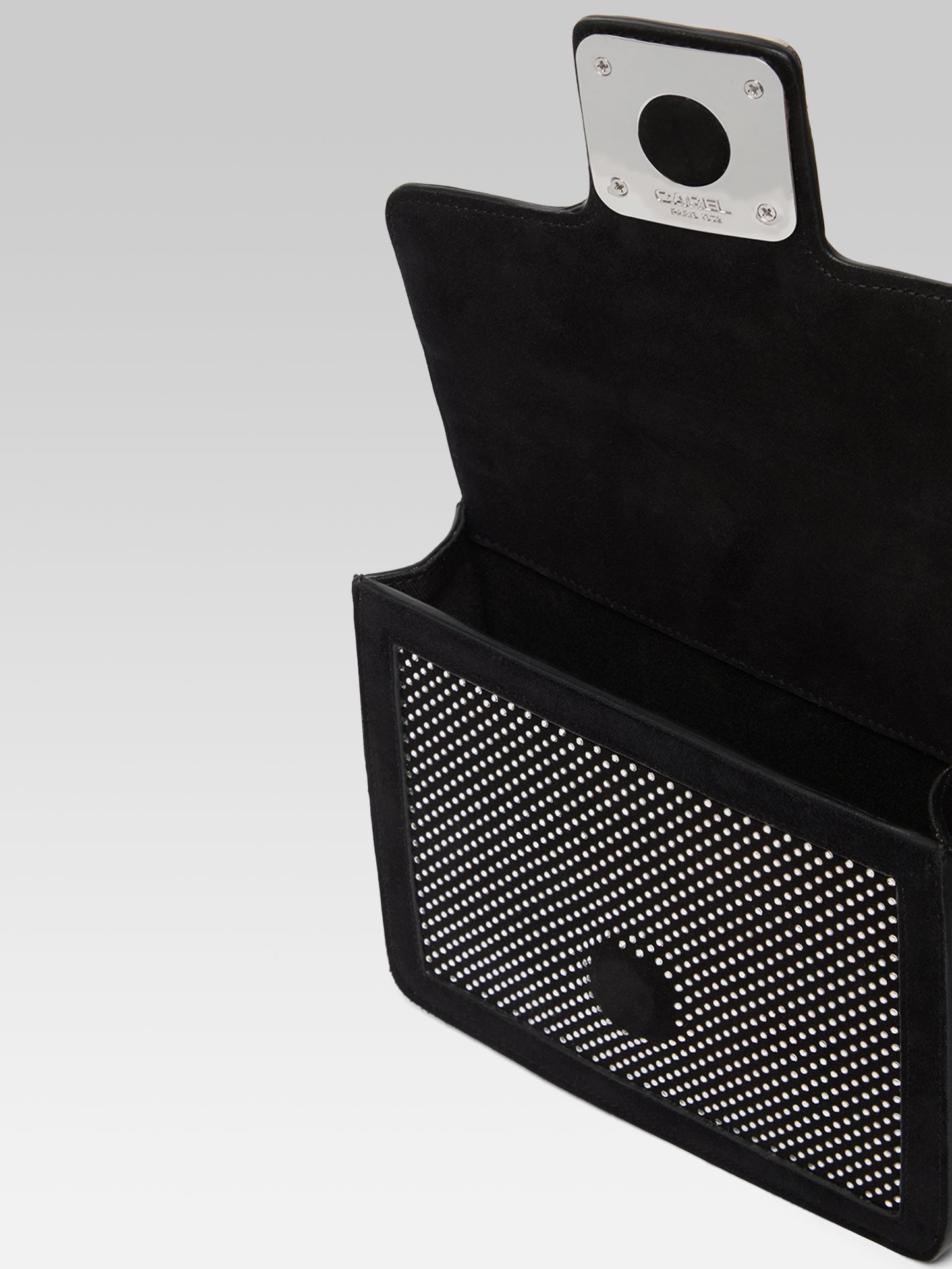 Mini Sorbonne - Black suede leather bag embellished with crystals by Swarovski® 