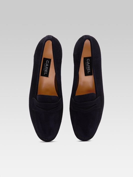 2100 - Mocassins cuir velours perforé bleu marine - Image numéro 3