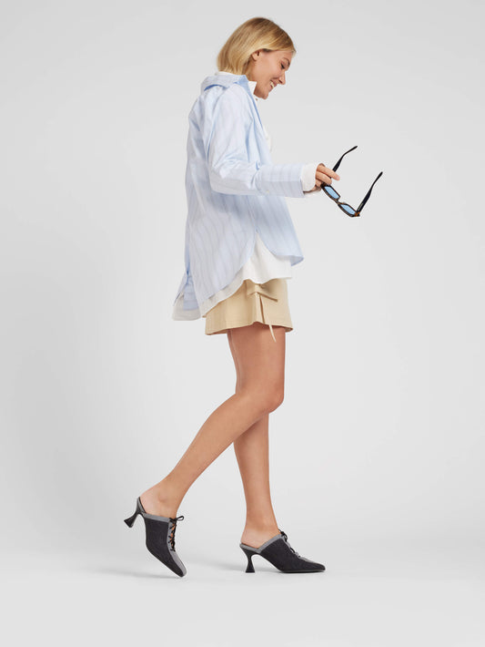 Corset - Grey bi-jean fabric lace-up heel mules - Image number 3