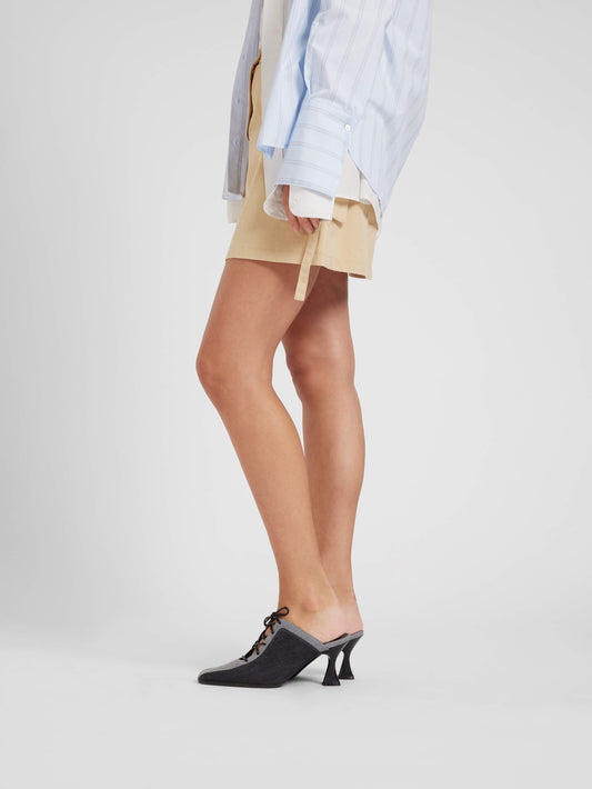 Corset - Grey bi-jean fabric lace-up heel mules - Image number 6