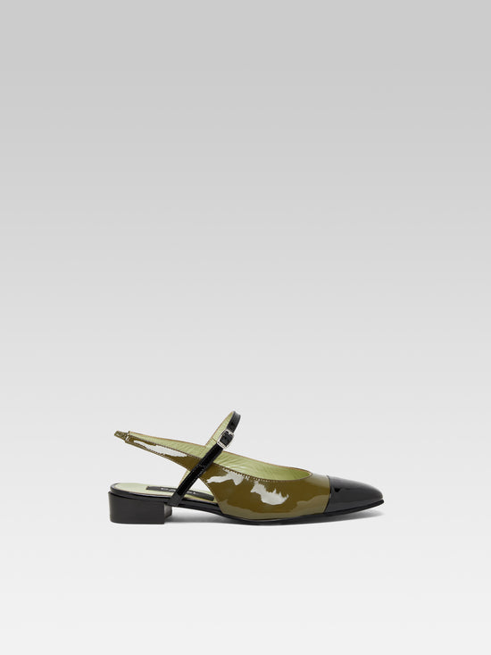 carel Oceano - Slingback cuir verni vert kaki et noir