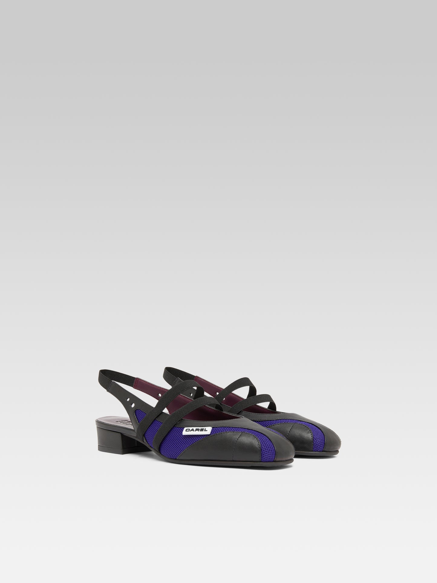 Peachy - Black eco-leather and purple mesh slingback Mary Janes