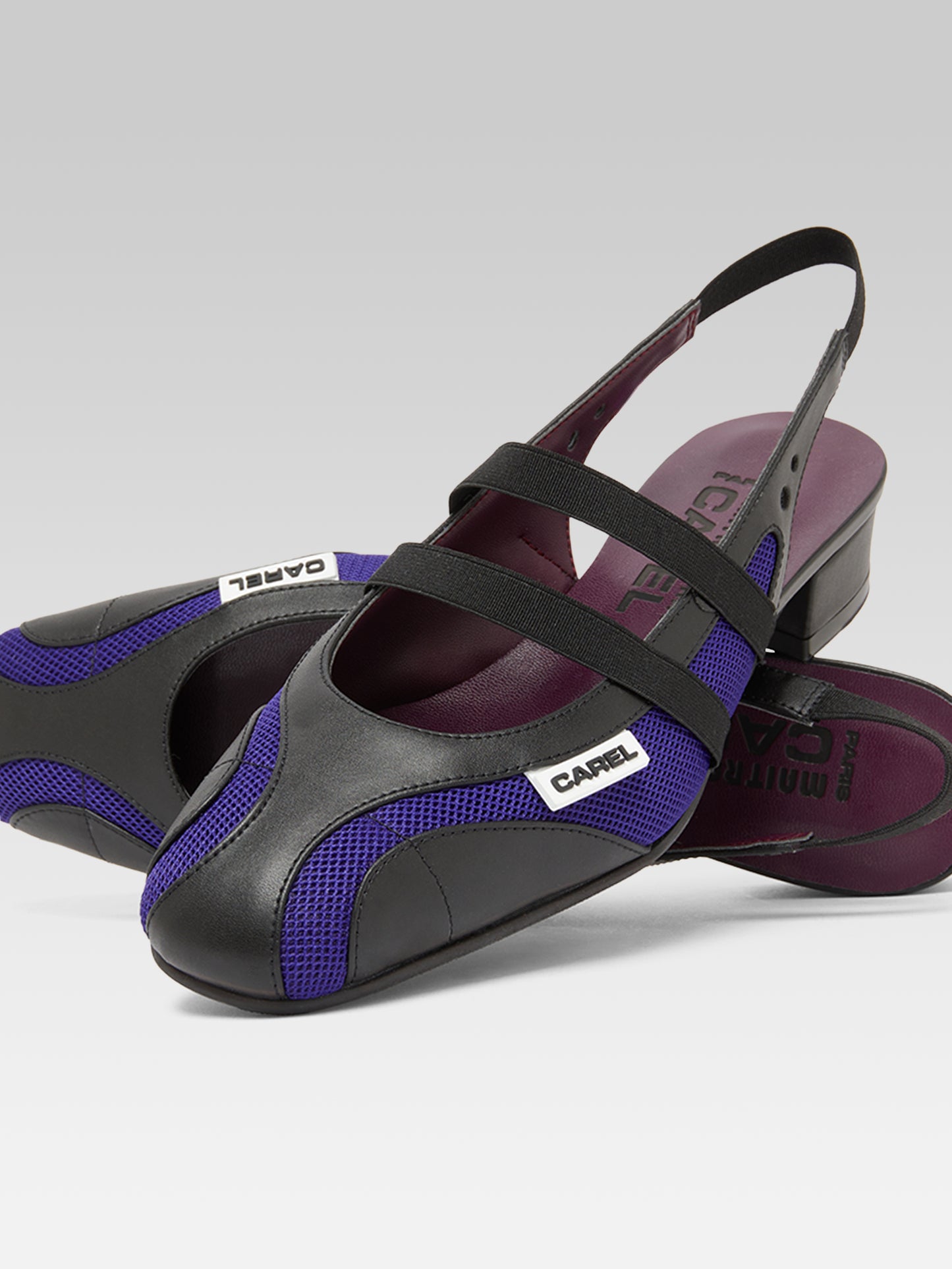 Peachy - Black eco-leather and purple mesh slingback Mary Janes