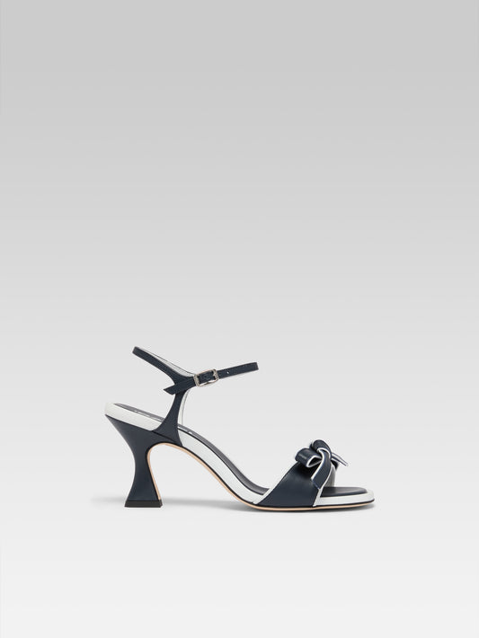 Guarana - Navy blue and white leather heeled sandals with bow