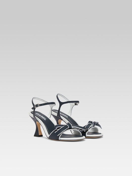 Guarana - Navy blue and white leather heeled sandals with bow - Image number 4