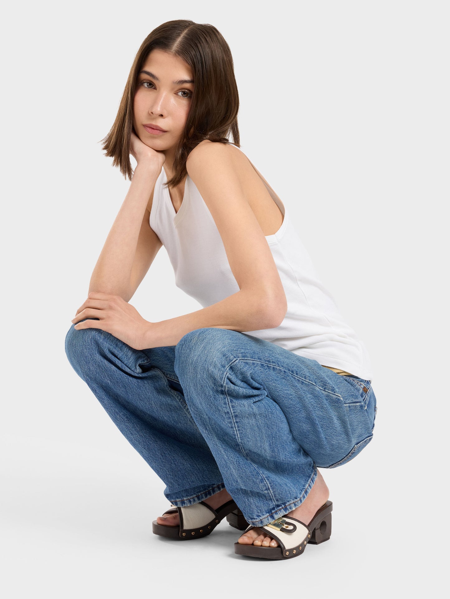 Pescarel - Brown leather and beige canvas clogs