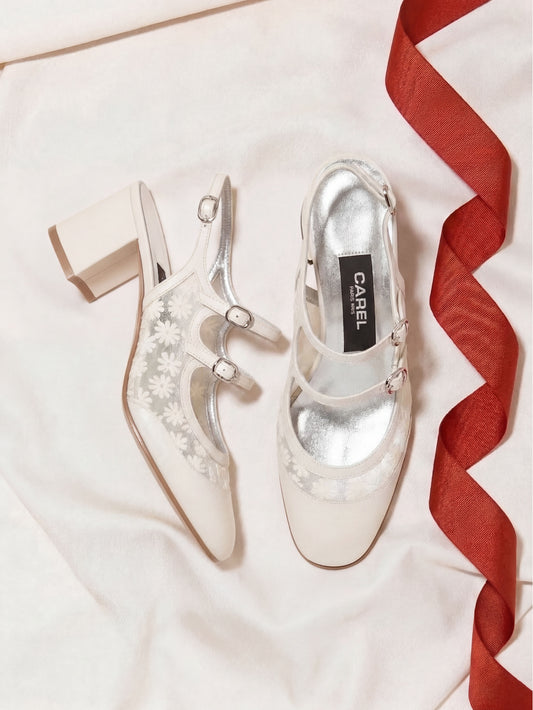 Banana - Upcycled floral lace and ivory leather slingback Mary Janes  - Image number 7