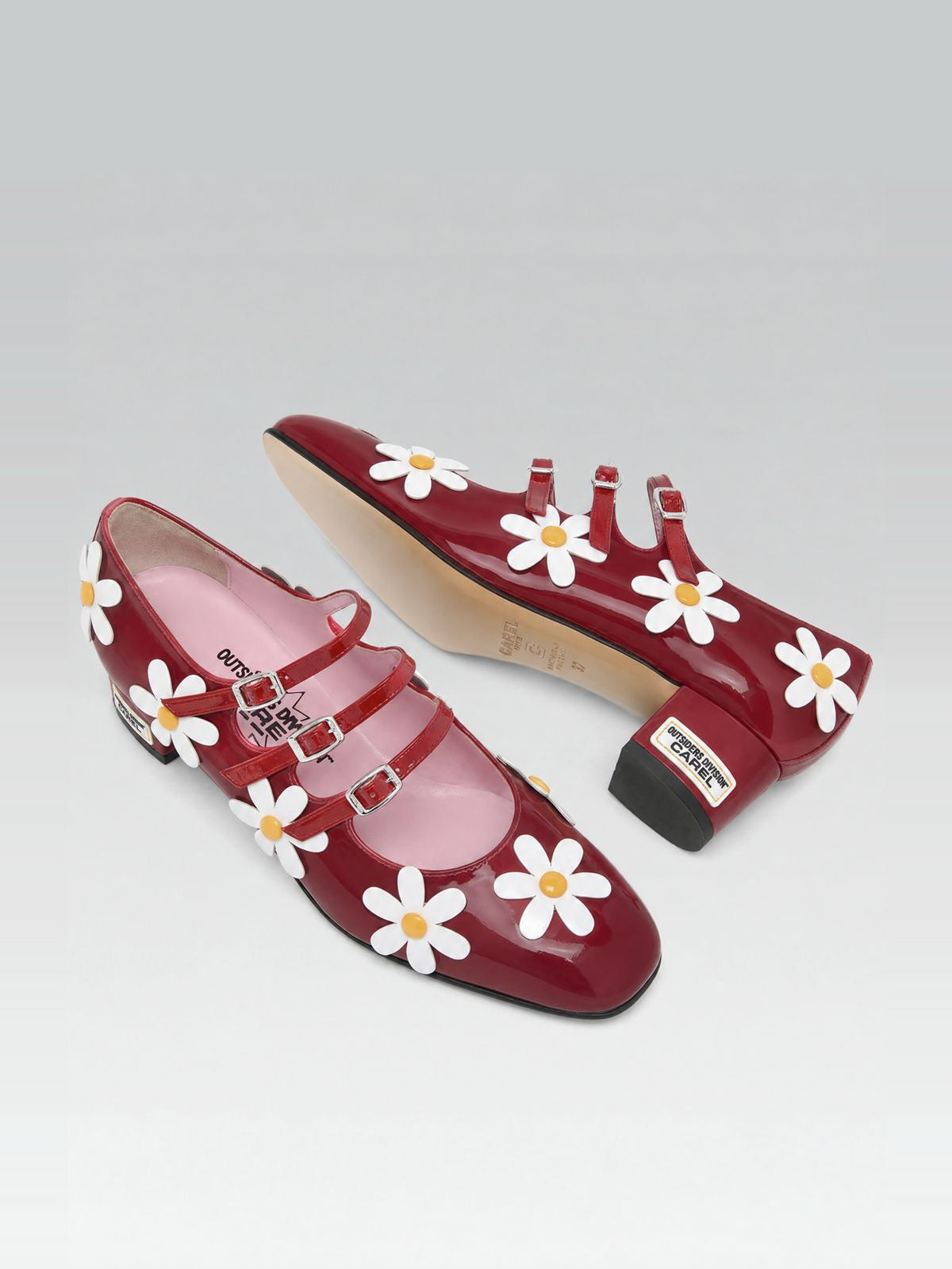 Daisy K - Escarpins babies cuir verni rouge et marguerites