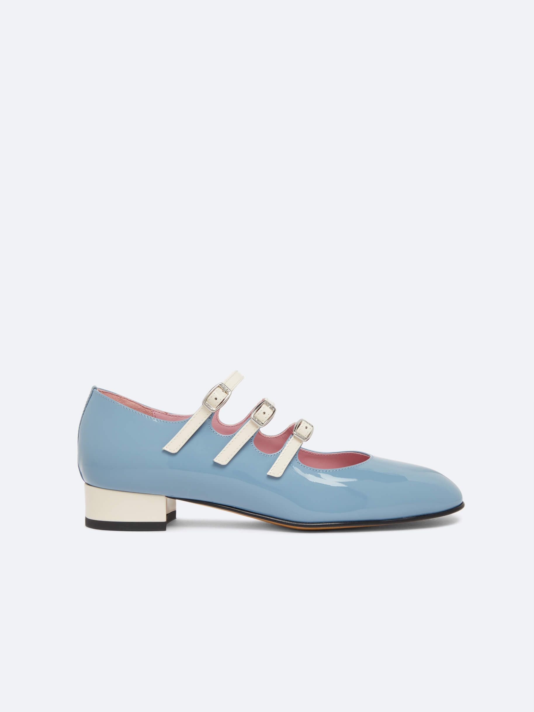 Ariana - Ballerines babies cuir verni upcyclé bleu et ivoire