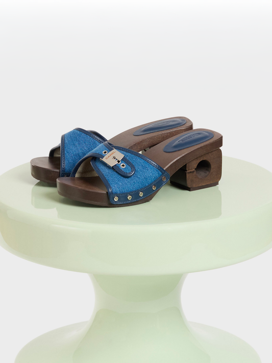 Pescarel - Sabots cuir marron et tissu jean - Image numéro 6