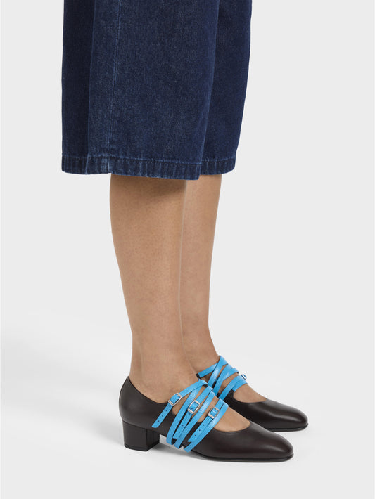 Kina Spaghetti - Brown and blue upcycled leather Mary Janes pumps - Image number 4