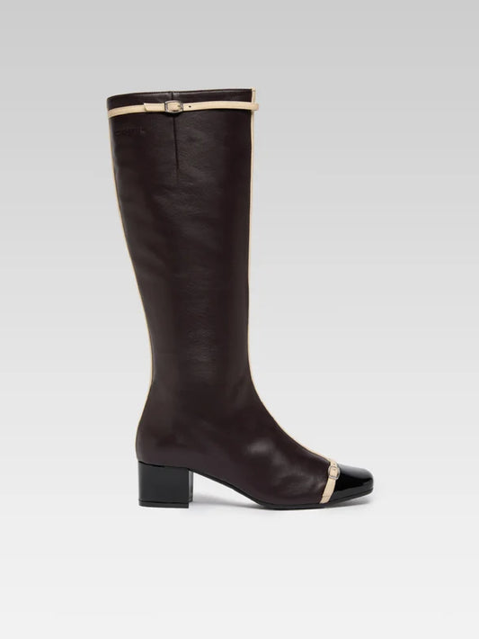 Starter - Aubergine leather and black patent leather boots with ivory straps - Image number 1