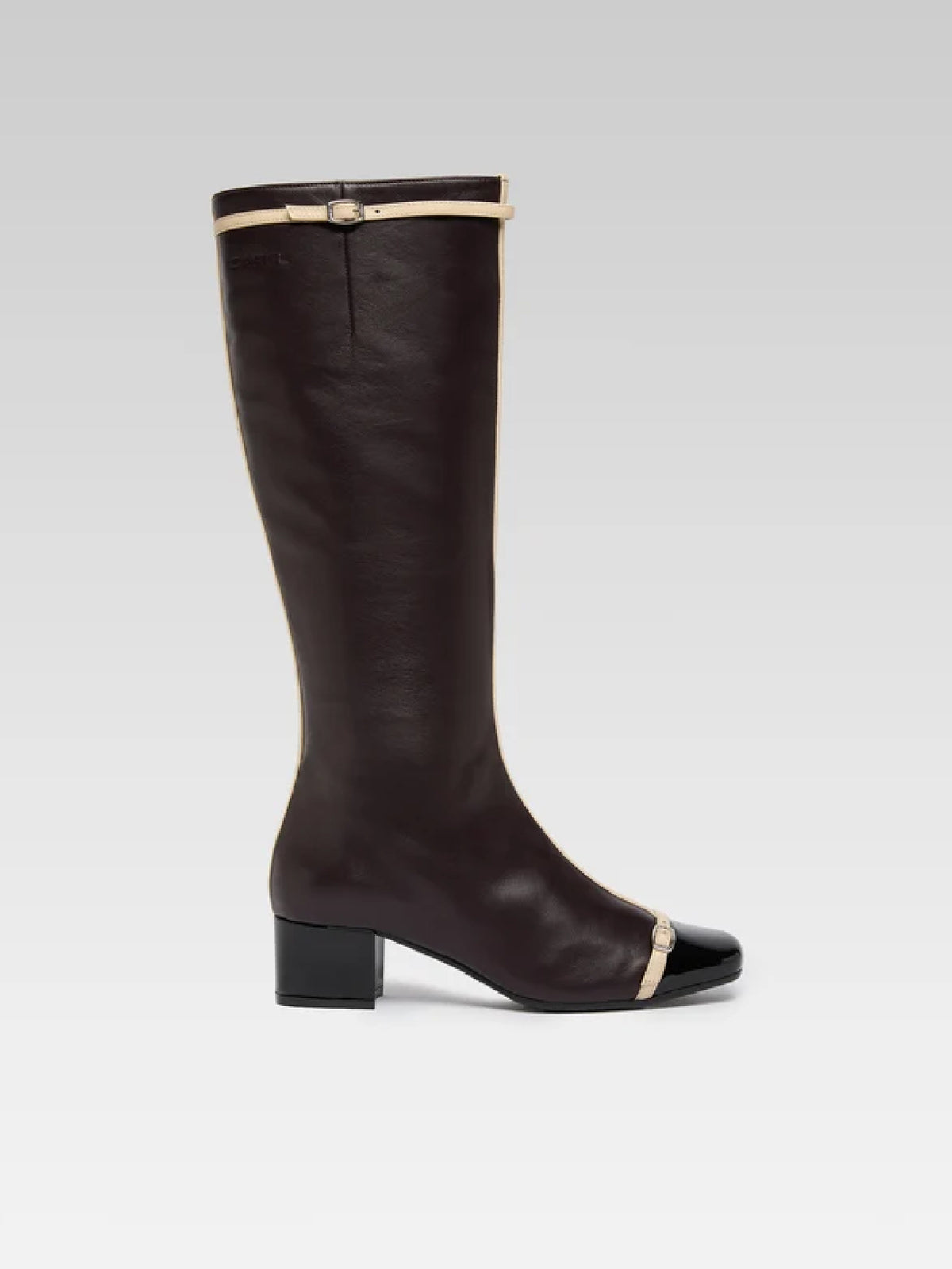 Starter - Eggplant leather and black patent leather boots with ivory straps